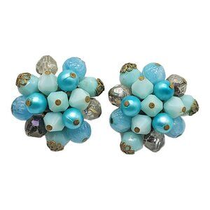 Western Germany Blue Glass Acrylic Bead Cluster Gold Tone Clip Earrings Vintage